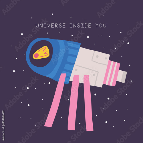 Cute space postcard with funny hand drawn doodle telescope, comet, star, meteorite. Cosmic, universe, night sky cover, template, banner, poster, print. Cartoon style universe inside you background for