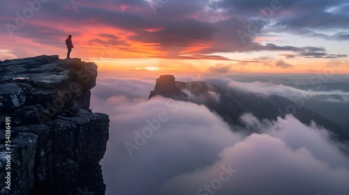 A Person Stood on the Edge of an Epic Cliff Captivated by the Majestic Pinnacle of a Mountain Floating in the Sunrise-lit Sea of Clouds, To showcase