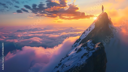 A person standing on the peak of an alpine mountain at sunset, To convey a sense of achievement, determination, and growth through a striking and