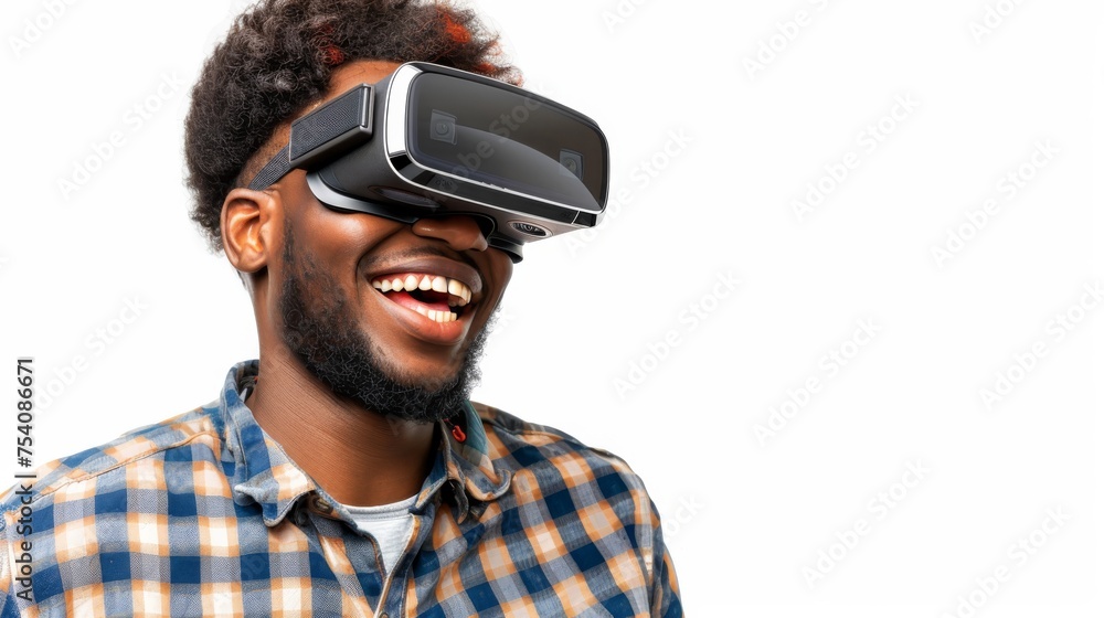 Smiling man on a white background while looking through a VR headset and making expressive gestures Smiling man on a white background while looking through a VR headset and making expressive gestures