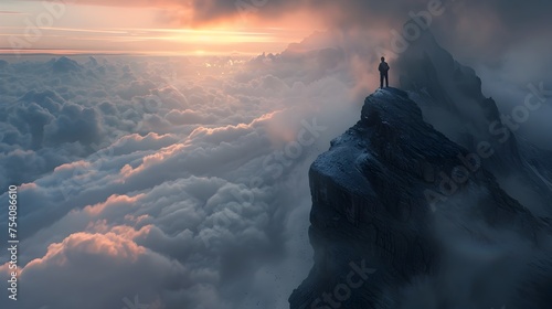 Lone Adventurer Overlooking Majestic Mountain Peak at Dawn, This image would be perfect for conveying a sense of adventure, inspiration, and