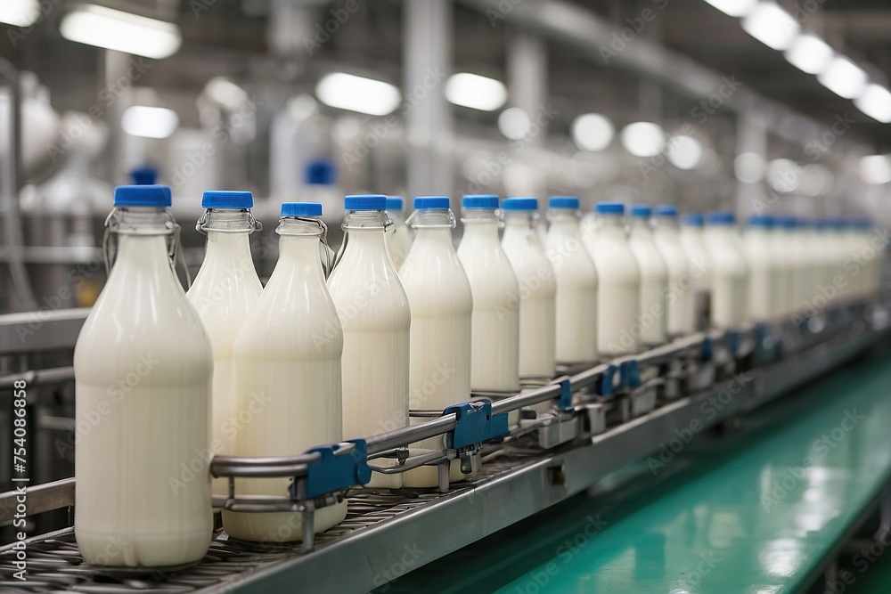 bottles of milk on a conveyor belt in a factory, sea of milk, top milk brands bottles of milk on a conveyor belt in a factory, sea of milk, top milk brands