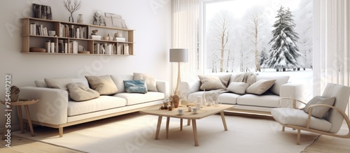 The living room is furnished with a white sofa, coffee table, and other modern furniture. A large window fills the room with natural light, illuminating the space.