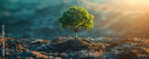 A tree is growing on a rocky hillside. The image has a serene and peaceful mood, as the tree stands tall and strong amidst the rocky terrain. The combination of the tree