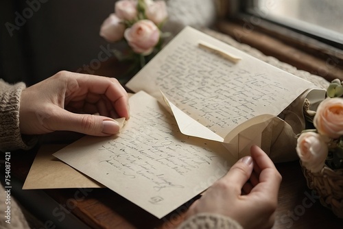 A Female hands holding a letter with some flowers , Romantic letter 