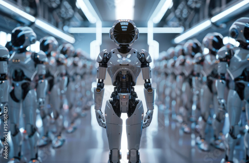 A cinematic photo of an attractive female robot in the middle, surrounded by many identical male robots, all wearing white and looking at her with love. She is standing under bright lights in a futuri
