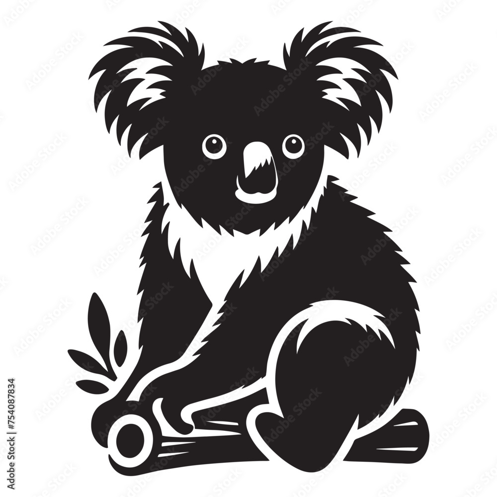 Black silhouette of koala on white background. Animal of Australia. Vector illustration