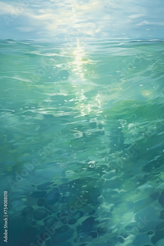 Blue ocean surface seen from underwater. Abstract waves underwater and rays of sunlight shining through water © Natalia