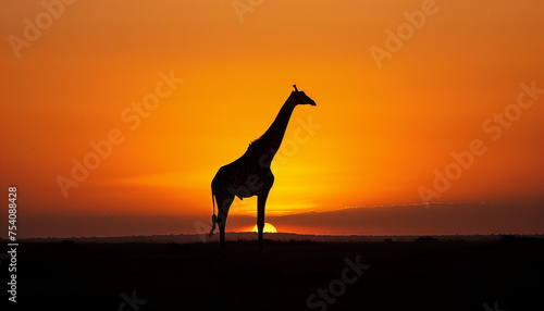 A giraffe stands in silhouette against a vivid orange sunset on the horizon