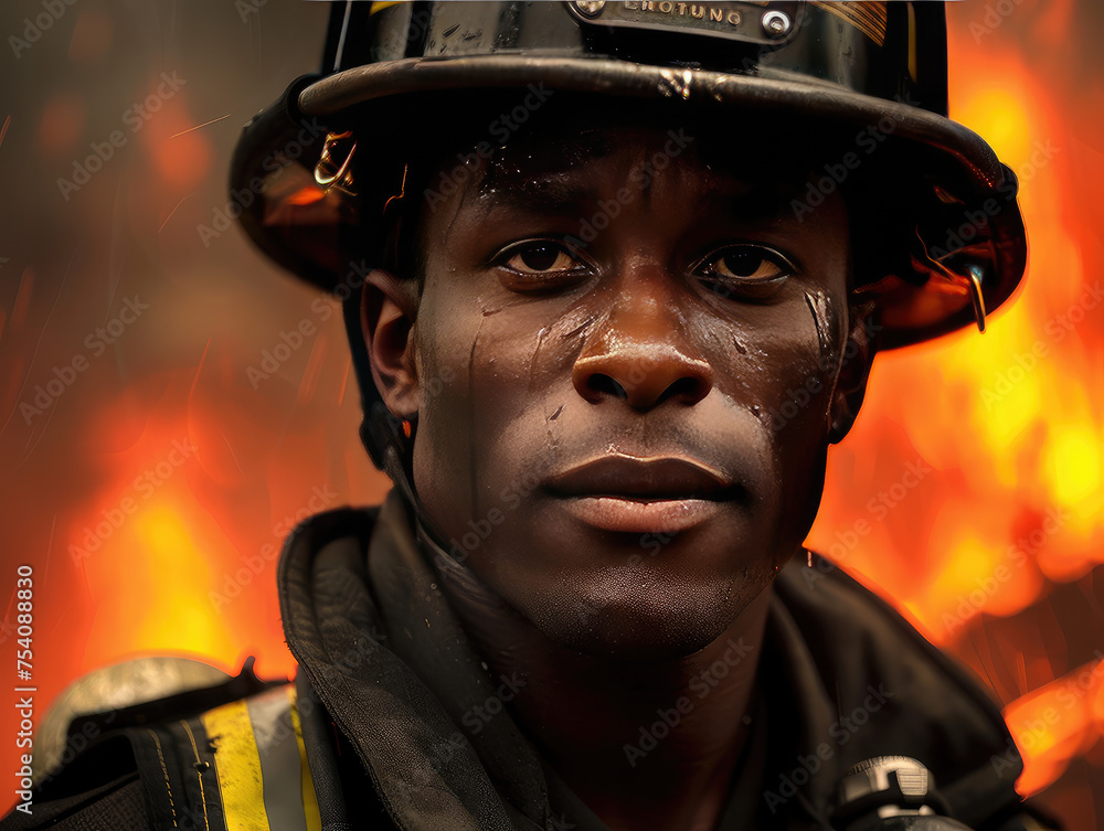 Black Male Firefighter at a Fire Black Male Firefighter at a Fire