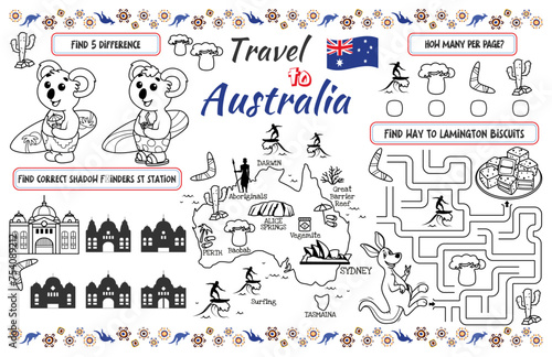A fun placemat for kids. Printable the “Travel to Australia” activity sheet with a labyrinth, find the differences and find the same ones. 17x11 inch printable vector file photo