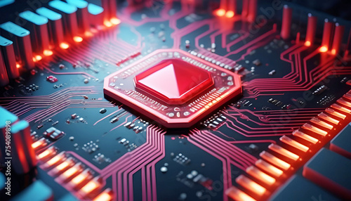 Futuristic circuit board with a central processor and glowing red pathways, exemplifying the sophistication of modern computing technology.