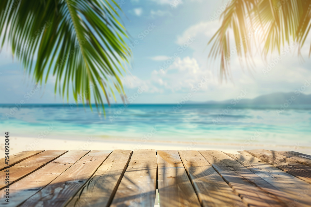 Top of wooden table with sea view and palm leaves Calm sea and sky at tropical beach background show off your products. summer vacation background concept