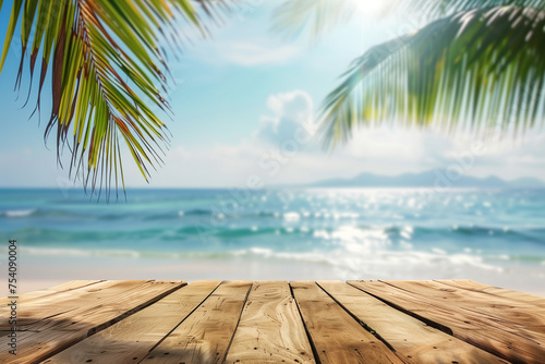 Top of wooden table with sea view and palm leaves Calm sea and sky at tropical beach background show off your products. summer vacation background concept