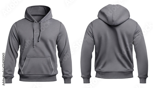 Men's grey blank hoodie template, from two sides, natural shape on invisible mannequin, for your design mockup for print, clipping path , cutout