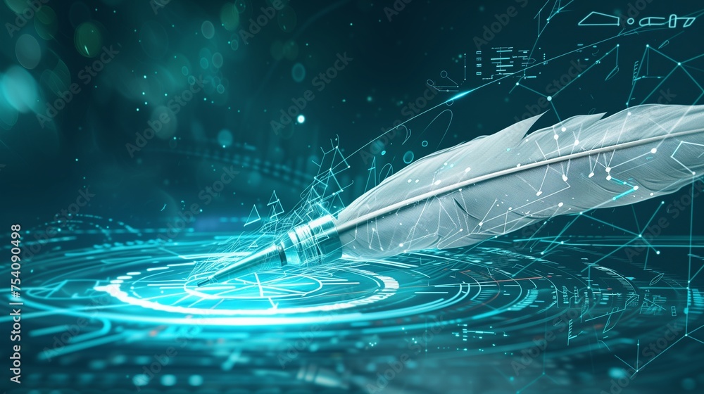 A futuristic quill pen sketching the blueprint for HR innovation, with AI algorithms assisting in the creation of progressive strategies for organizational growth - obrazy, fototapety, plakaty 