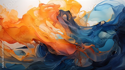 Radiant amber and deep indigo liquids explosively merging, creating a visually stunning abstract display captured in high definition photo