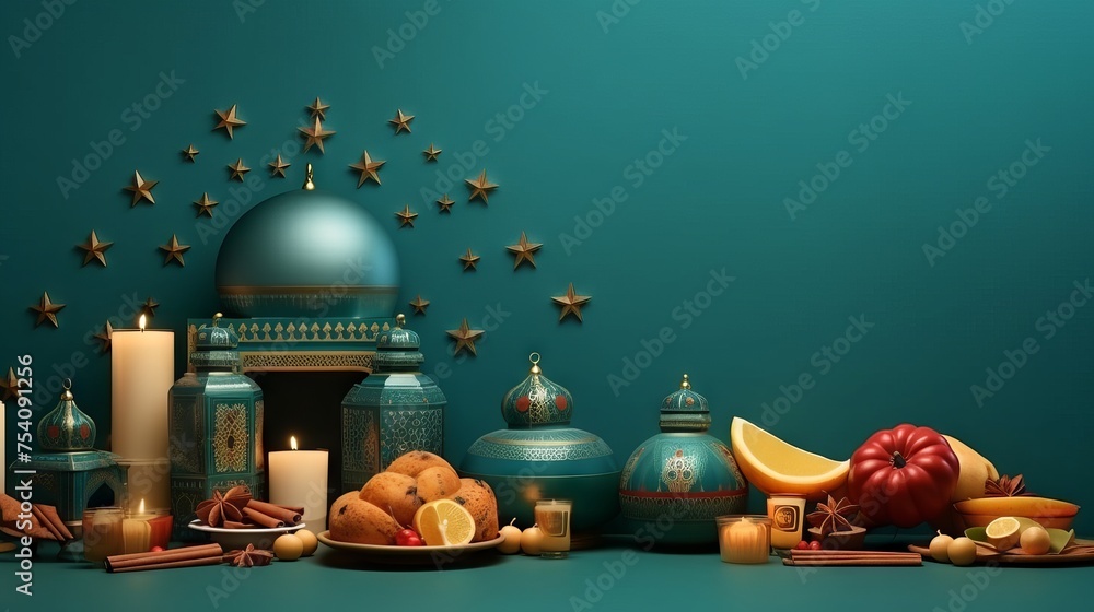 Vibrant ramadan celebration banner with traditional cultural accessories

