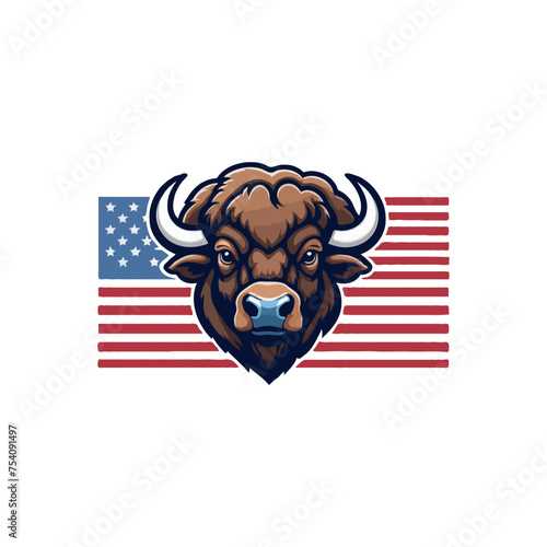 Creative American Bison vector logo design. Wild buffalo bull and American Flag. bison mascot illustration logo design