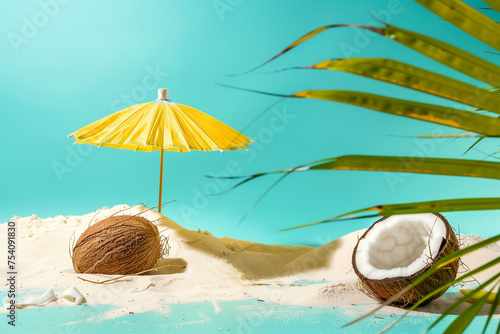 Coconut fruit and tropical beach parasol Concept made from creative ideas, summer, vacation, travel