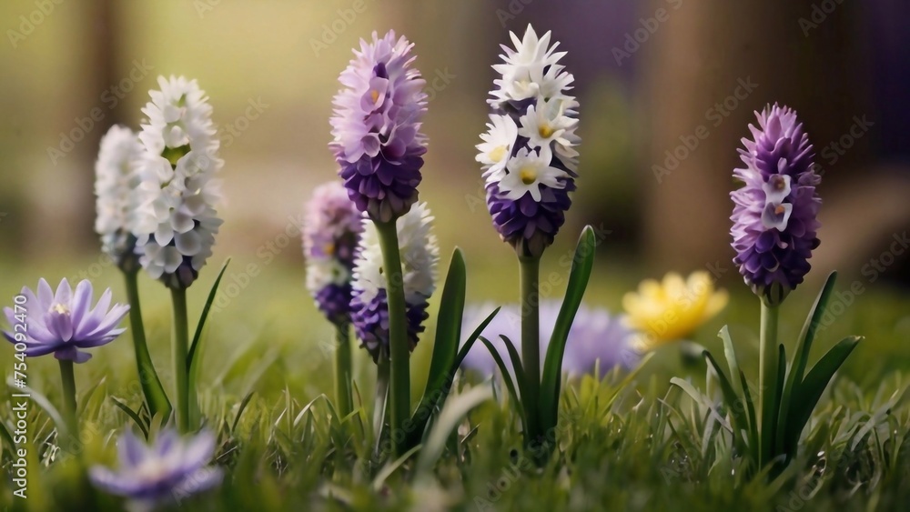 Obraz premium Spring flowers on green lawn, flooded with bright sunlight, blurred background. Generative AI.