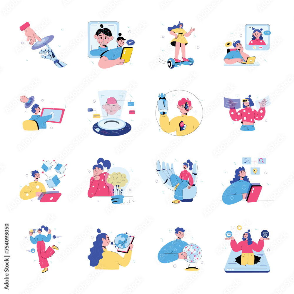 Naklejka premium Set of 16 Technology Doodle Mini Illustrations