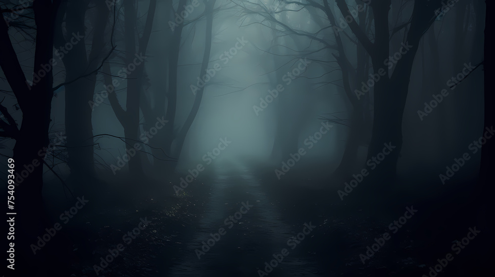 foggy forest at night,mysterious dark forest at night - obrazy, fototapety, plakaty 