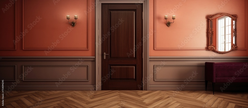 The room is stark and bare, with only a door and a mirror adorning the walls. The door is closed, leading to the unknown beyond, while the mirror reflects the emptiness within the space. The room is stark and bare, with only a door and a mirror adorning the walls. The door is closed, leading to the unknown beyond, while the mirror reflects the emptiness within the space.