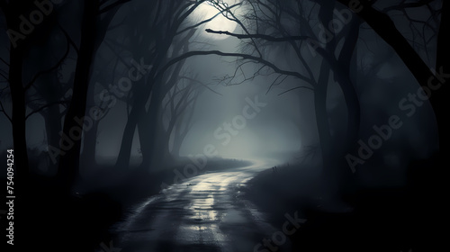 foggy forest at night,mysterious dark forest at night © Derby