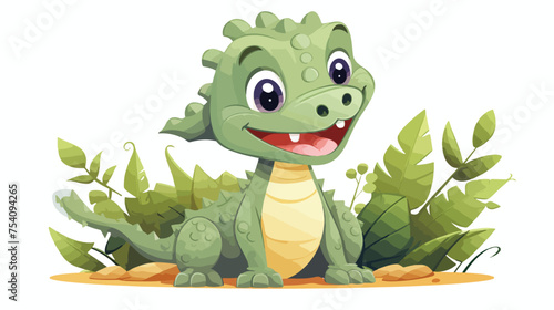 Cute cartoon crocodile stands in the leaves.