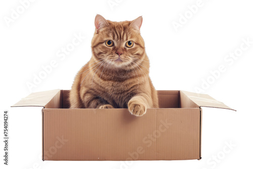 Adorable Ginger Cat Sitting in a Cardboard Box, Representing Playful Pet Antics.