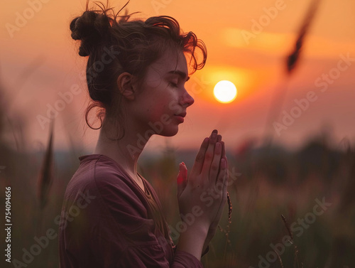 Young woman praying on the background of the setting sun  photo