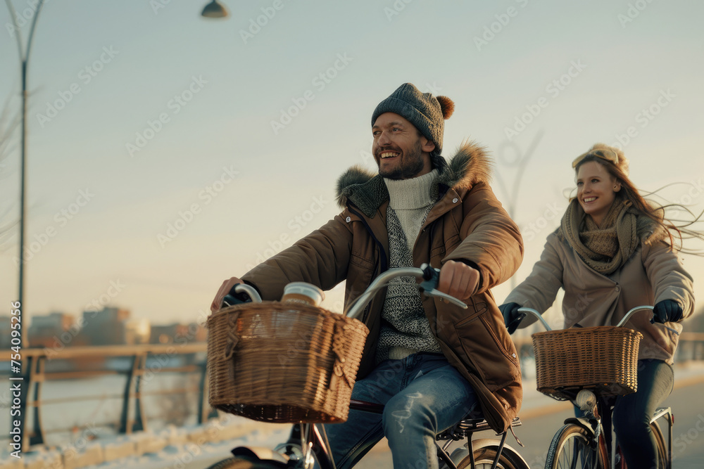 Joyful young caucasian couple riding bicycles together