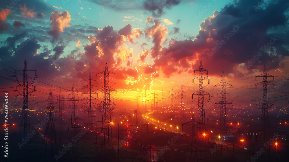 Obraz premium Electric pole and high voltage tower. High voltage transmission pole against sunset background. Generative AI illustration 