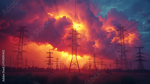 Electric pole and high voltage tower. High voltage transmission pole against sunset background. Generative AI illustration 