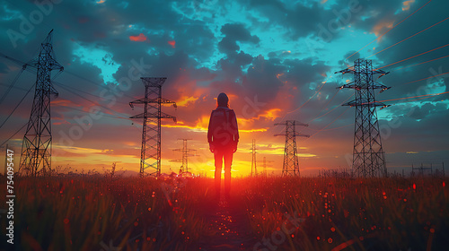 A young woman with a backpack watches the sunset amidst high-voltage electric poles. Generative AI illustration  photo