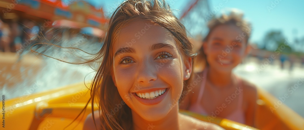 Girl Sisters Ride On Water Attractions. Illustration On The Theme Of Travel And Tourism, Relaxation And Fun. Generative AI Girl Sisters Ride On Water Attractions. Illustration On The Theme Of Travel And Tourism, Relaxation And Fun. Generative AI
