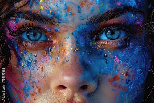 Woman's Close-up Portrait, A vibrant eye mural that exemplifies the fusion of imagination and reality in public art, a child's image, intense stare piercing a vivid palette to show the breadth 