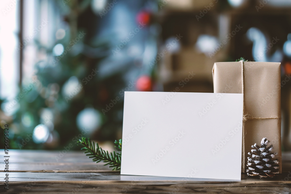 Christmas greeting card mockup with christmas tree and presents on wooden table Christmas greeting card mockup with christmas tree and presents on wooden table