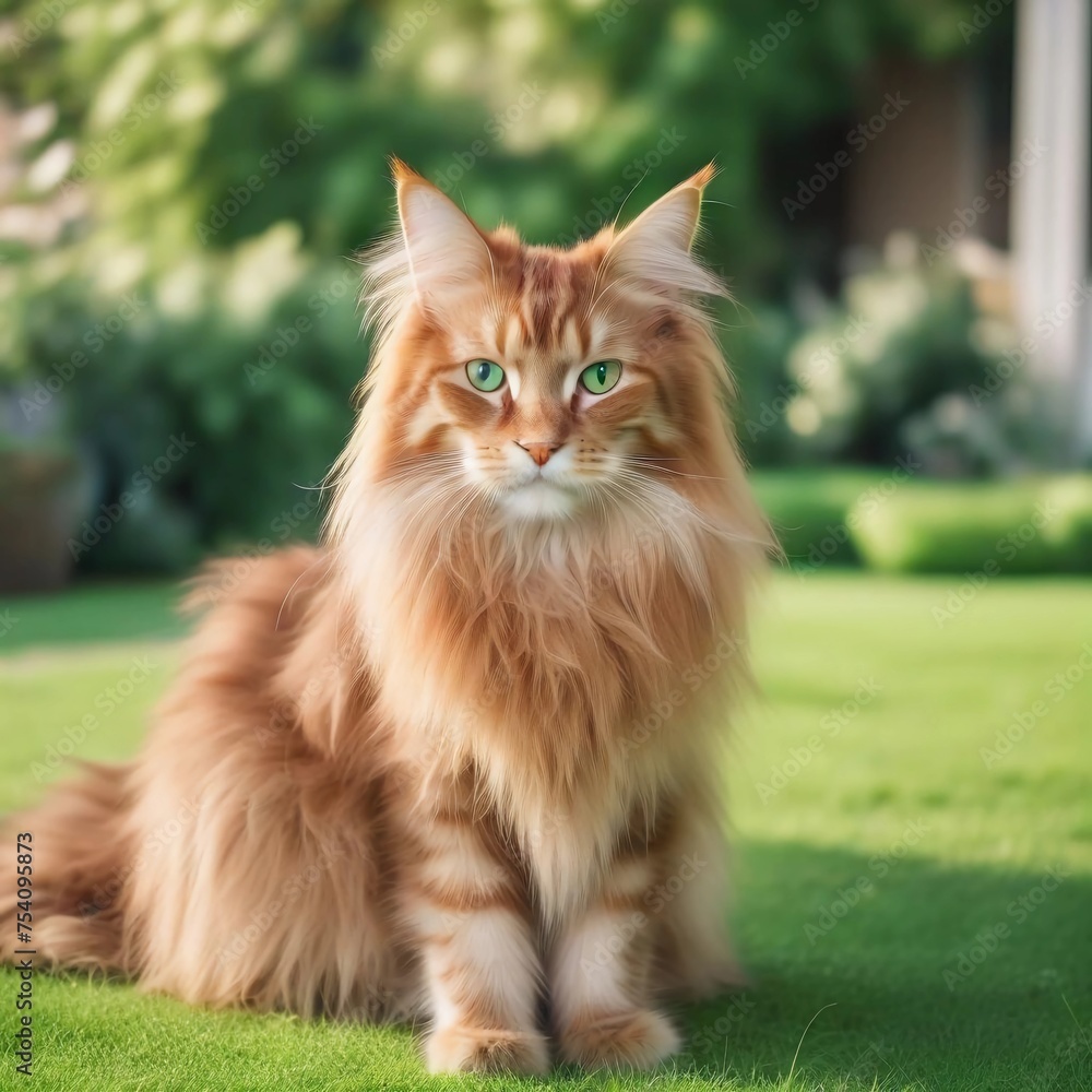 A Maine Coon in close-up with beautiful fluffy white-red fur and beautiful green eyes. Sitting in the garden on the lawn and looking towards the camera. Generative AI