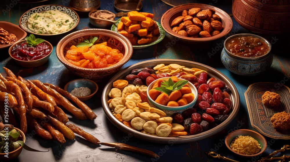 Tasty manakish overlooking assorted moroccan cuisine and dried dates: a delightful spread for ramadan festivities

 - obrazy, fototapety, plakaty 