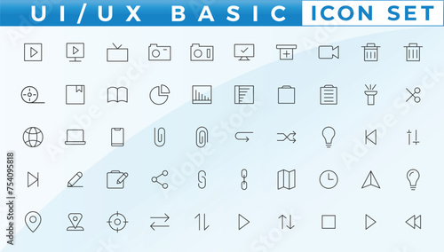 Basic User Interface Essential Set. Line Outline Icons. For App, Web, Print. Editable Stroke.