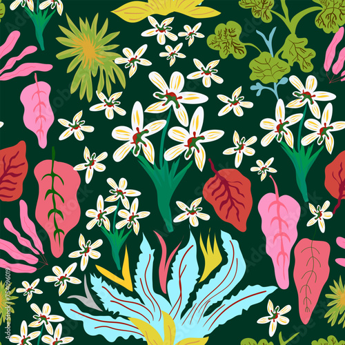  Green garden themed colorful seamless pattern. colorful flowers and leaves seamless vector repeat pattern