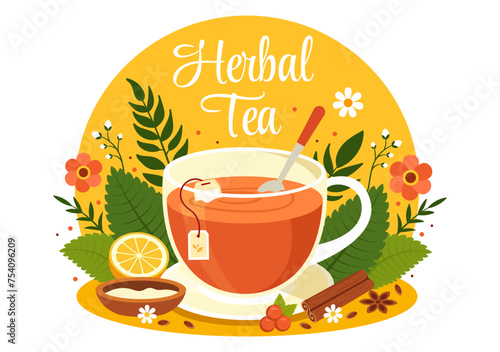 Herbal Tea Vector Illustration with Chamomile Leaves of Health Drink Green and Mixture of Flowers to Increase Endurance in Flat Cartoon Background