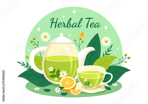 Herbal Tea Vector Illustration with Chamomile Leaves of Health Drink Green and Mixture of Flowers to Increase Endurance in Flat Cartoon Background