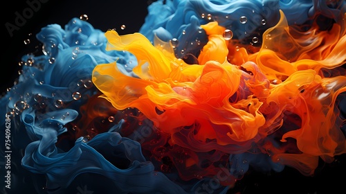 Neon orange and deep blue liquids in a powerful collision, crafting a vibrant and intense abstract composition captured by an HD camera © Hamza