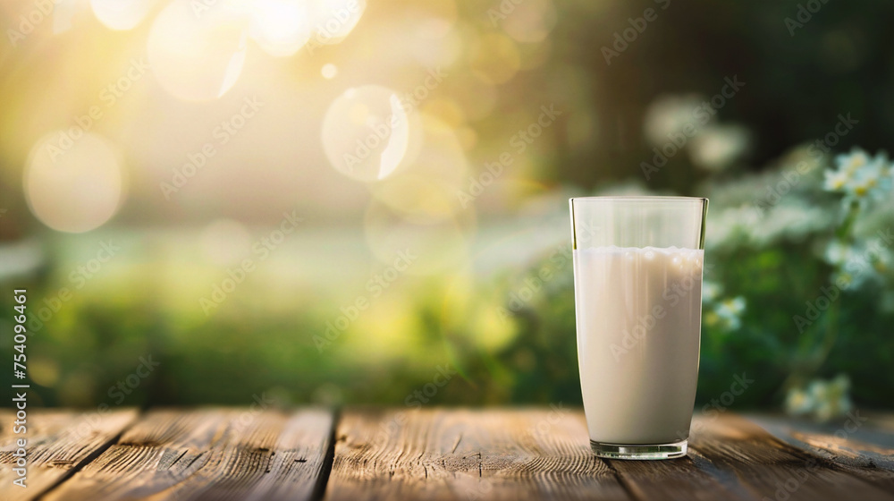 Glass of milk on a wooden table in the garden Glass of milk on a wooden table in the garden