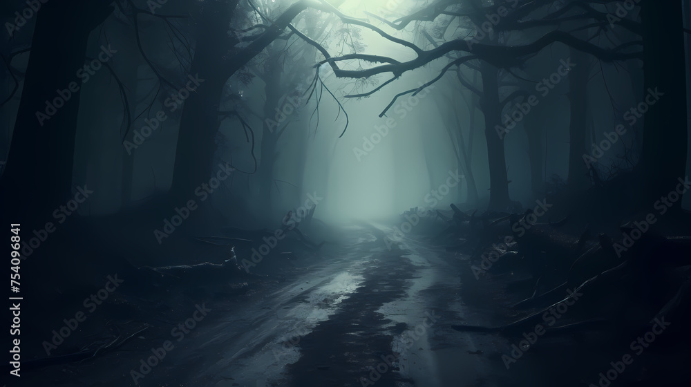Fototapeta premium Mysterious dark woods and misty paths, perfect for a Halloween scene