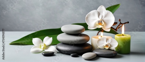 Zen stones  candles  and white orchid on green-grey background.