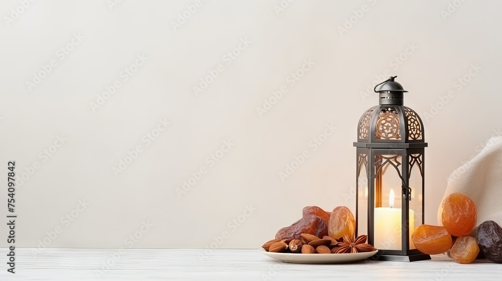 Vibrant flat lay: arabic lantern and traditional snacks on white marble table
Vibrant flat lay: arabic lantern and traditional snacks on white marble table